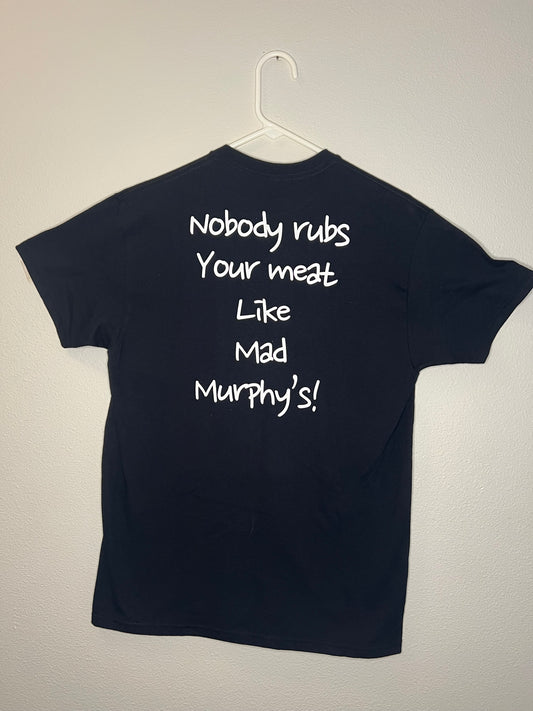 Black shirt white slogan