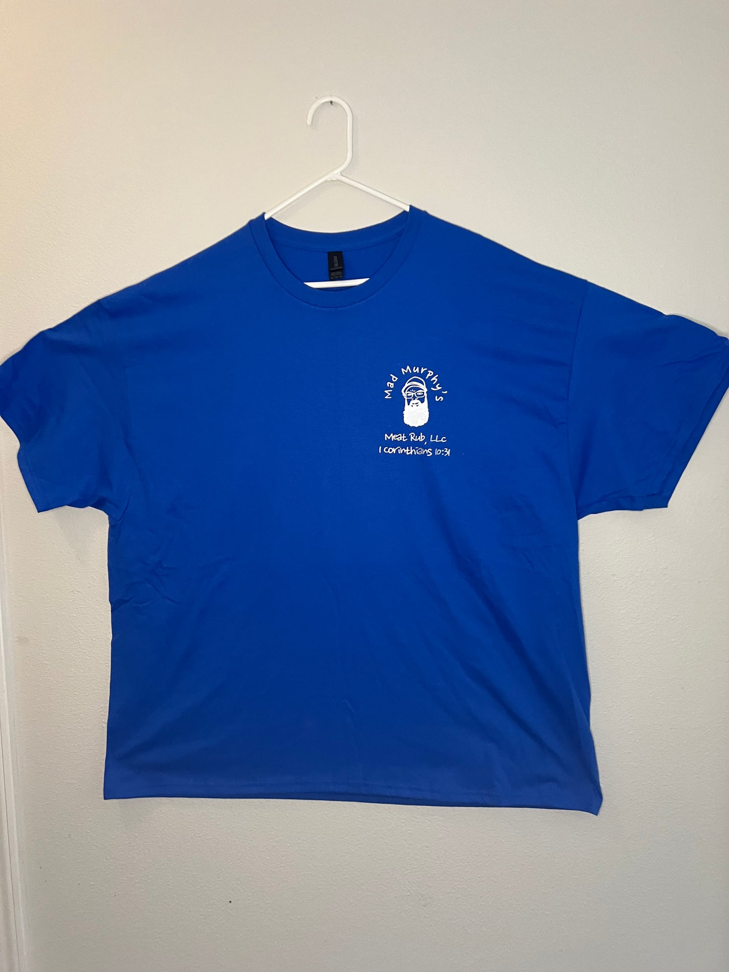 Blue Shirt Silver Slogan