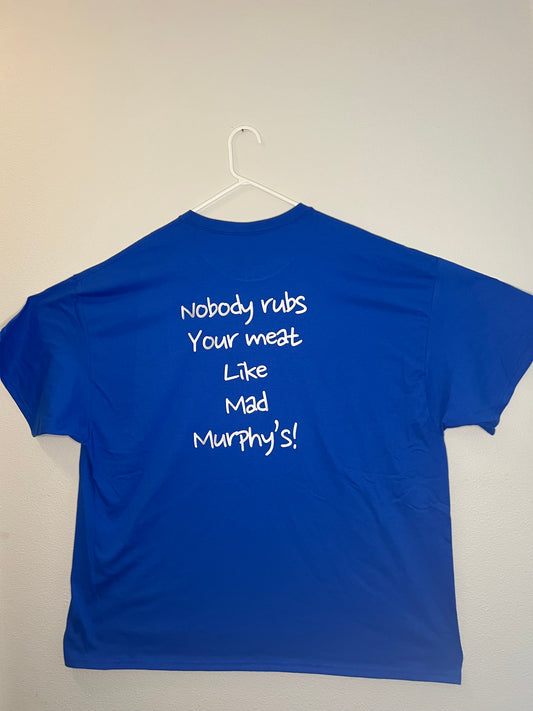 Blue Shirt Silver Slogan