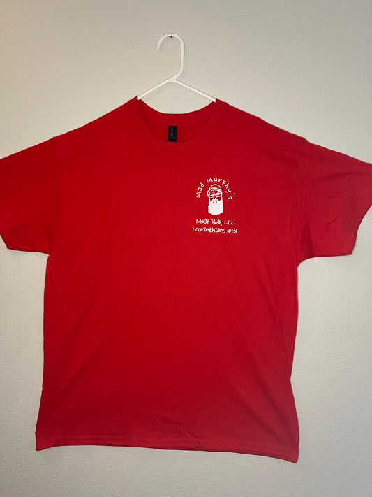 Red shirt white slogan